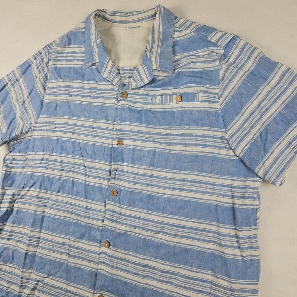 KS Island Linen Blend Button Up Mens 2XL Big Blue Striped Shirt Short‎ Sleeve